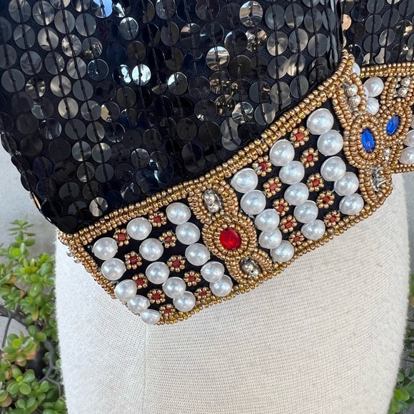 Vintage glam black sequins bolero style jacket colorful beaded trim Sm NiteLine - Picture 8 of 11